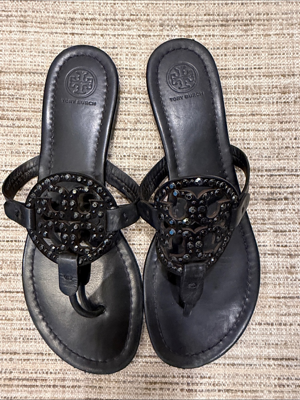 Tory Burch Black Miller Jeweled Thong Sandals Sz 9 1/2